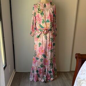 Floral Pink Maxi Dress with Belt Boston proper off the shoulder